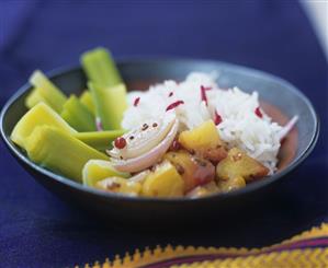 Boiled leeks with chutney and rice (Ayurvedic cuisine)