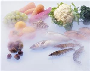 Frozen food still life: food at beginning of freezing process