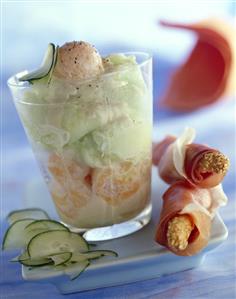 Savoury cucumber and melon sorbet and ham-wrapped grissini