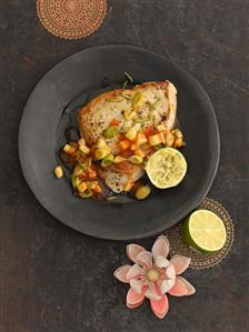 Fried swordfish steak with pineapple and chilli salsa