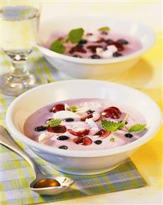 Cold soya and coconut soup with fruit