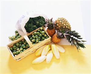 Still life with Brassicas, pineapples and chicory