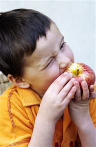 Small taking a big bite out of an apple