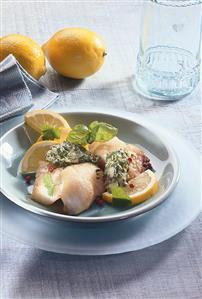 Fried fish fillet with basil dumplings