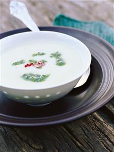 Almond soup with parsley oil and chili