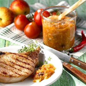 Grilled pork chop with apple chutney