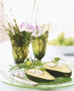 Stuffed avocado with vases of flowers in background