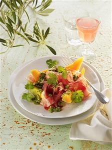 Ham and melon with coriander pesto