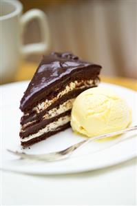 Chocolate mascarpone cake with vanilla ice cream