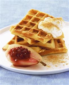 Waffles with cranberry-stuffed pear and cream