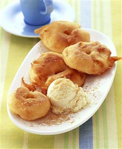 Apple fritters with vanilla ice cream and brown sugar