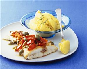 Halibut with tomatoes & capers and mashed potato with orange