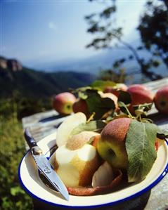 Peeled and unpeeled apple in a dish