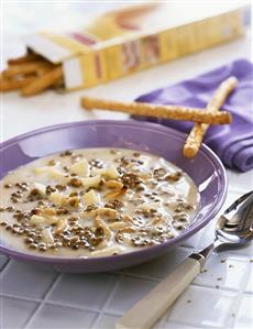 Lentil soup with savoury sticks