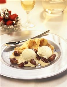 Pancakes with vanilla ice cream and dates