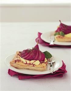 Red wine pear and custard on puff pastry