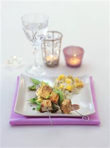 Tofu kebabs with spring onion and mango rice