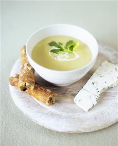 Celery cream soup with blue cheese and savoury stick