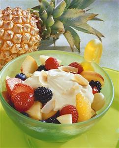 Fruit salad with pina colada sauce