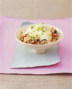 Fruit muesli with soya sprouts and yoghurt