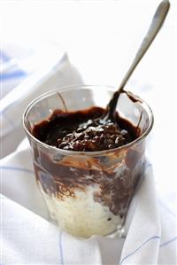 Rice pudding with chocolate sauce