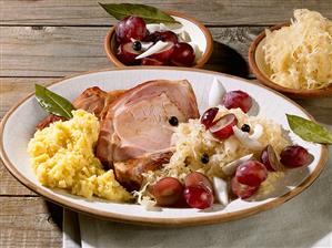 Smoked, cured pork loin with sauerkraut, mashed potato & grapes