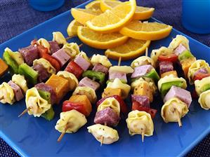 Tasty tortellini and sausage kebabs