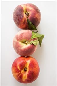 Two peaches with leaves and one nectarine