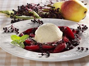 Vanilla ice cream with elderberry and pear compote