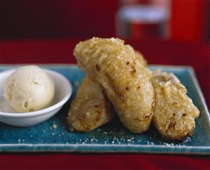 Banana fritters with sesame and vanilla ice cream