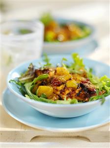 Chicken with mango on salad leaves