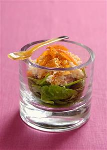 Shrimp salad with dried apricots on spinach