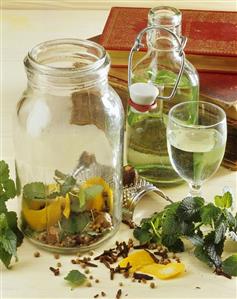 Still life with lemon balm liqueur