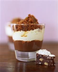 Chocolate cream with whipped cream & coffee granita in glass