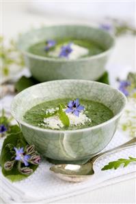 Borage soup with grated Parmesan in bowls