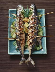 Grilled mackerel with cucumber and pear salad