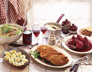 Burgundian meal with salmon steak in mustard crust