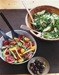 Beans, tomatoes & crispy bacon, rocket salad with walnuts