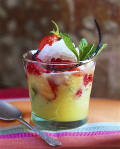 Pineapple soup with red berries and mint granita