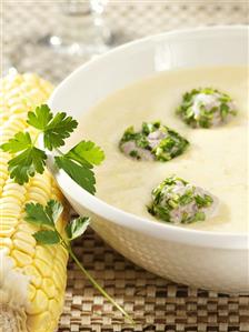 Potato and sweetcorn soup with sausagemeat dumplings