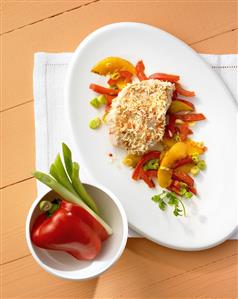 Coconut steak with fruit and peppers