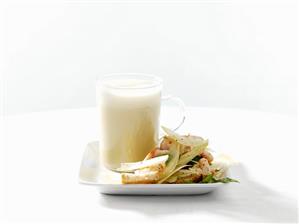 Potato and fennel soup with shrimp salad