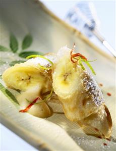 Banana in rice paper with lime sabayon