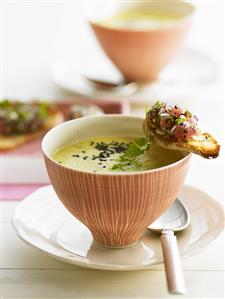 Cold cucumber soup with tuna tartare