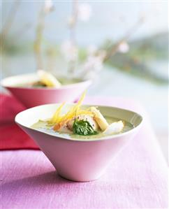 Potato and ramsons (wild garlic) soup with scallops