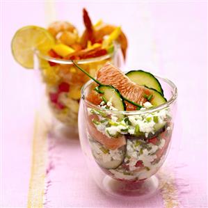 Cucumber and grapefruit salad, mango and shrimp salad