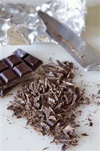 Chopped chocolate on board with knife