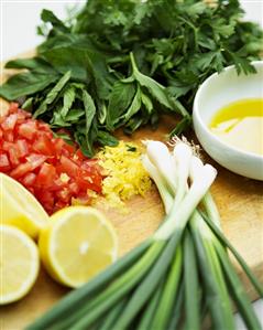 Vegetables and herbs prepared for making tabbouleh