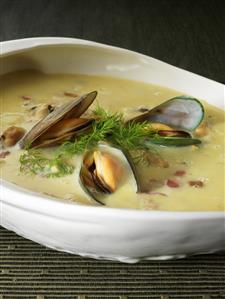 Chowder in a ceramic bowl (Shellfish soup, USA)