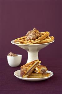 Waffles with chocolate cream and filled French toast